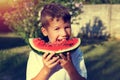 Little boy with smile bite into slice of watermelon