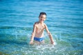 Little boy with snorkel by the sea. Cute little kid wearing mask and flippers for diving at sand tropical beach. Ocean coast Royalty Free Stock Photo