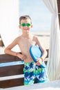 Little boy with snorkel by the sea. Cute little kid wearing mask and flippers for diving at sand tropical beach. Ocean coast Royalty Free Stock Photo