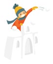 Little boy in snow castle playing snowball fight. Royalty Free Stock Photo