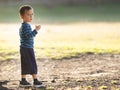 Little boy with a soap bubble stick standing in the park and looking in the camera Royalty Free Stock Photo