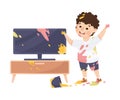 Little Boy Splashing Paints Around Having Bad Behavior Vector Illustration