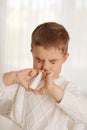 Little boy spraying medicine in nose, nose drops. Toddler child using nasal spray. Runny nose, cold, flu, illness, virus Royalty Free Stock Photo