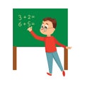 Little Boy Standing at Blackboard and Doing Sums Vector Illustration Royalty Free Stock Photo