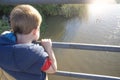 Little boy standing on bridge observing a wild duck family Royalty Free Stock Photo