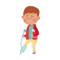 Little Boy Standing on Crutches with Bandaged Leg Vector Illustration