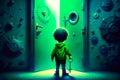Little boy standing in front of green door with key in it. Generative AI Royalty Free Stock Photo