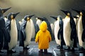 Little boy standing in front of group of penguins in the rain. Generative AI