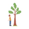 Little Boy Standing Near Fruit Tree and Watching Vector Illustration
