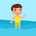 Little boy standing in a swimsuit flat vector illustration.