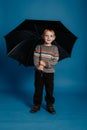 A little boy is standing under an open umbrella and smiling
