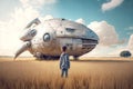 A little boy stands in a field and looks at a huge alien ship