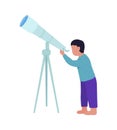 Little boy stargazing with telescope semi flat color vector character Royalty Free Stock Photo