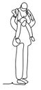 Little boy stretching out hands while his father carrying him on shoulders. Continuous line drawing. Isolated on the