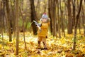 Little boy during stroll in the forest at cold sunny autumn day Royalty Free Stock Photo