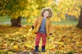 Little boy during stroll in the forest at sunny autumn day Royalty Free Stock Photo