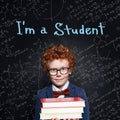 Little boy student on blackboard background with science formulas. Back to school concept Royalty Free Stock Photo