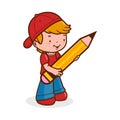 Student holding a big pencil. Vector illustration