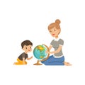 Little boy studying geography with his teacher, geography class in primary school, preschool education vector