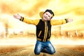 The little boy in the style of Hip-Hop . Children`s fashion.Cap and jacket. The Young Rapper.Cool rap dj. Royalty Free Stock Photo