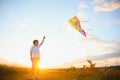 Little boy on summer vacation having fun and happy time flying kite on the field. Royalty Free Stock Photo