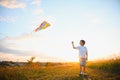 Little boy on summer vacation having fun and happy time flying kite on the field. Royalty Free Stock Photo