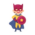 Little Boy In Superman Costume, Cloak, Shield And Cap With Cat Ears Vector Illustration Cartoon Character Royalty Free Stock Photo