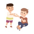 Little Boy Supporting and Comforting Crying Friend Fallen on Roller Skates Vector Illustration