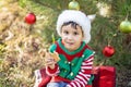 Little boy in sweater and hat waiting for a Christmas in the wood Royalty Free Stock Photo