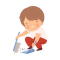 Little Boy Sweeping Floor with Brush on His Own Vector Illustration