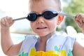 Little boy in swimming goggles on a hot summer day Royalty Free Stock Photo