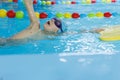 Little boy swimming in pool, kid in glass learning swim by crawls . Sport and hardening. Healthy mind. children`s wellness center
