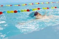 Little boy swimming in pool, kid in glass learning swim by crawls . Sport and hardening. Healthy mind. children`s wellness center