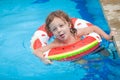 Little boy in the swimming pool with rubber ring Royalty Free Stock Photo