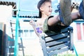 Little boy swing outdoor at summer, child playing Royalty Free Stock Photo