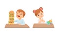 Little Boy at Table with Hamburger and Girl Rejecting Eating Vegetables Vector Set