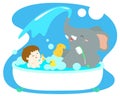Little boy take a bath with elephant in tub . Royalty Free Stock Photo