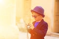 Little boy taking photos while travel in Europe Royalty Free Stock Photo