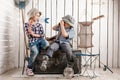 Little boy taking picture of cute little girl Royalty Free Stock Photo