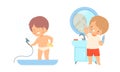 Little Boy Taking Shower and Brushing Teeth Vector Set