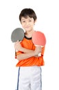 Little boy talking table tennis bat on white background