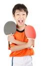 Little boy talking table tennis bat on white background Royalty Free Stock Photo