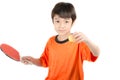 Little boy talking table tennis bat on white background