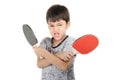 Little boy talking table tennis bat on white background