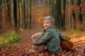 A little boy playing in the autumn park.