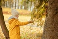 Little boy teenager in a yellow jacket in the fall, feeding squirrel