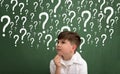 Little boy thinking surrounded question marks Royalty Free Stock Photo