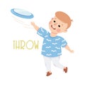 Little Boy Throwing Frisbee Demonstrating Vocabulary and Verb Studying Vector Illustration