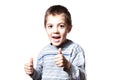 Little boy with thumbs up. Successful preschooler isolated on a white. Happy little boy Royalty Free Stock Photo
