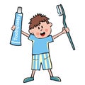 Boy, toothpaste and toothbrush, vector illustration